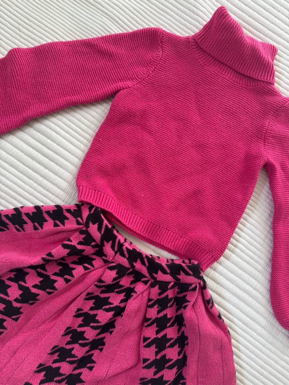 Hot Pink Knit Turtleneck Sweater & Houndstooth Skirt Set